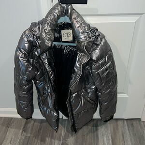 S13 Kylie Metallic Duck Down Feather Detachable Hooded Puffer Jacket